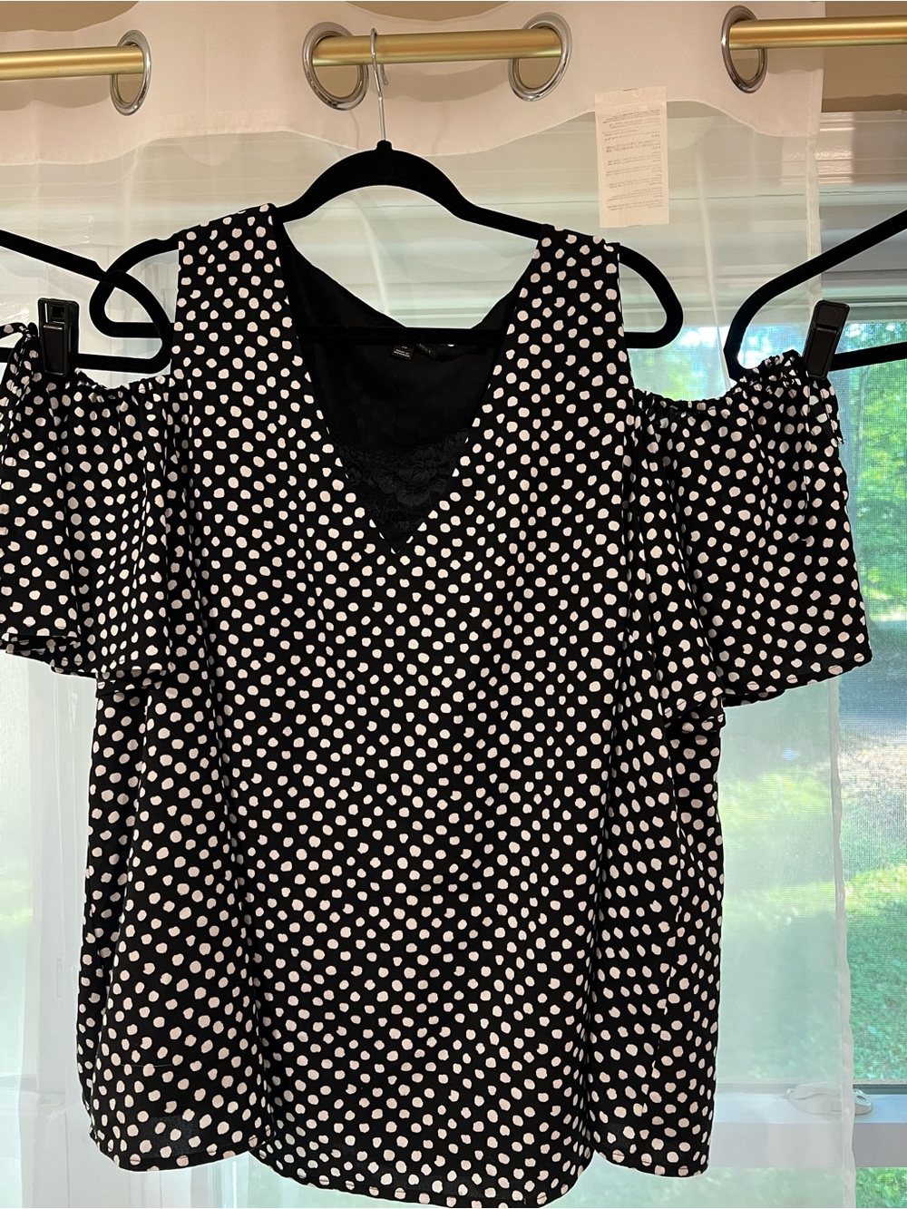 Polka Dot Open-Shoulder Blouse - Black/White Lane Bryant